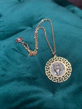 Gold-Tone vintage Greek key Medallion Pendant Necklace - Women Jewelry